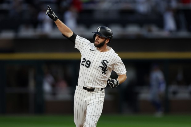 White Sox center fielder Tristan Peters (29) runs the bases after hitting a two-run homer during the second inning against the Rangers at Rate Field Aug. 24, 2026 in Chicago. (Armando L. Sanchez/Chicago Tribune)