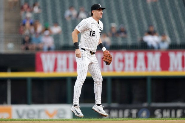 White Sox shortstop Colson Montgomery (12) stands on field during the first inning against the Rangers at Rate Field Aug. 24, 2026 in Chicago. (Armando L. Sanchez/Chicago Tribune)