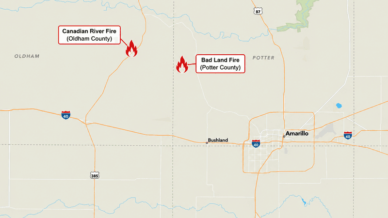 A map shows the locations of the Canadian River Fire in Oldham County and the Bad Land Fire in Potter County northwest of Amarillo, Texas, on Saturday, Aug. 8, 2026. Both fires were active Saturday, according to the Texas A&M Forest Service. (Credit: Texas A&M Forest Service/ChatGPT)