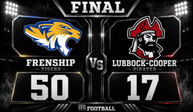 Frenship Tigers defeat the Lubbock-Cooper Pirates 50-17 in a Texas High School football final score graphic.