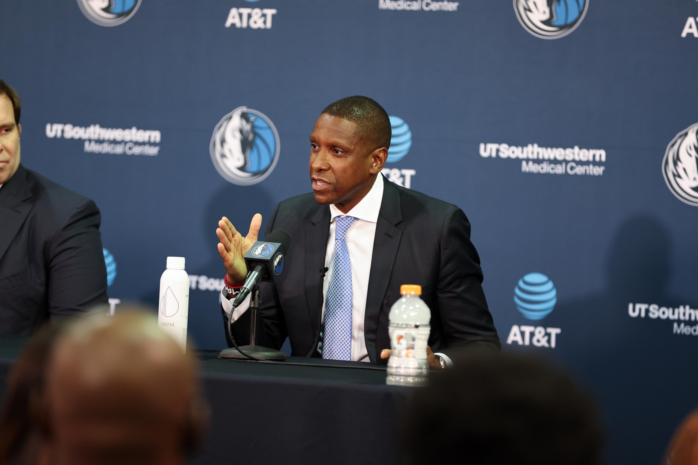 DALLAS, TX - MAY 5: Masai Ujiri talks to the media during an introductory press conference on May 5, 2026 at American Airlines Center in Dallas, Texas. NOTE TO USER: User expressly acknowledges and agrees that, by downloading and or using this photograph, User is consenting to the terms and conditions of the Getty Images License Agreement. Mandatory Copyright Notice: Copyright 2026 NBAE (Photo by Tim Heitman/NBAE via Getty Images)