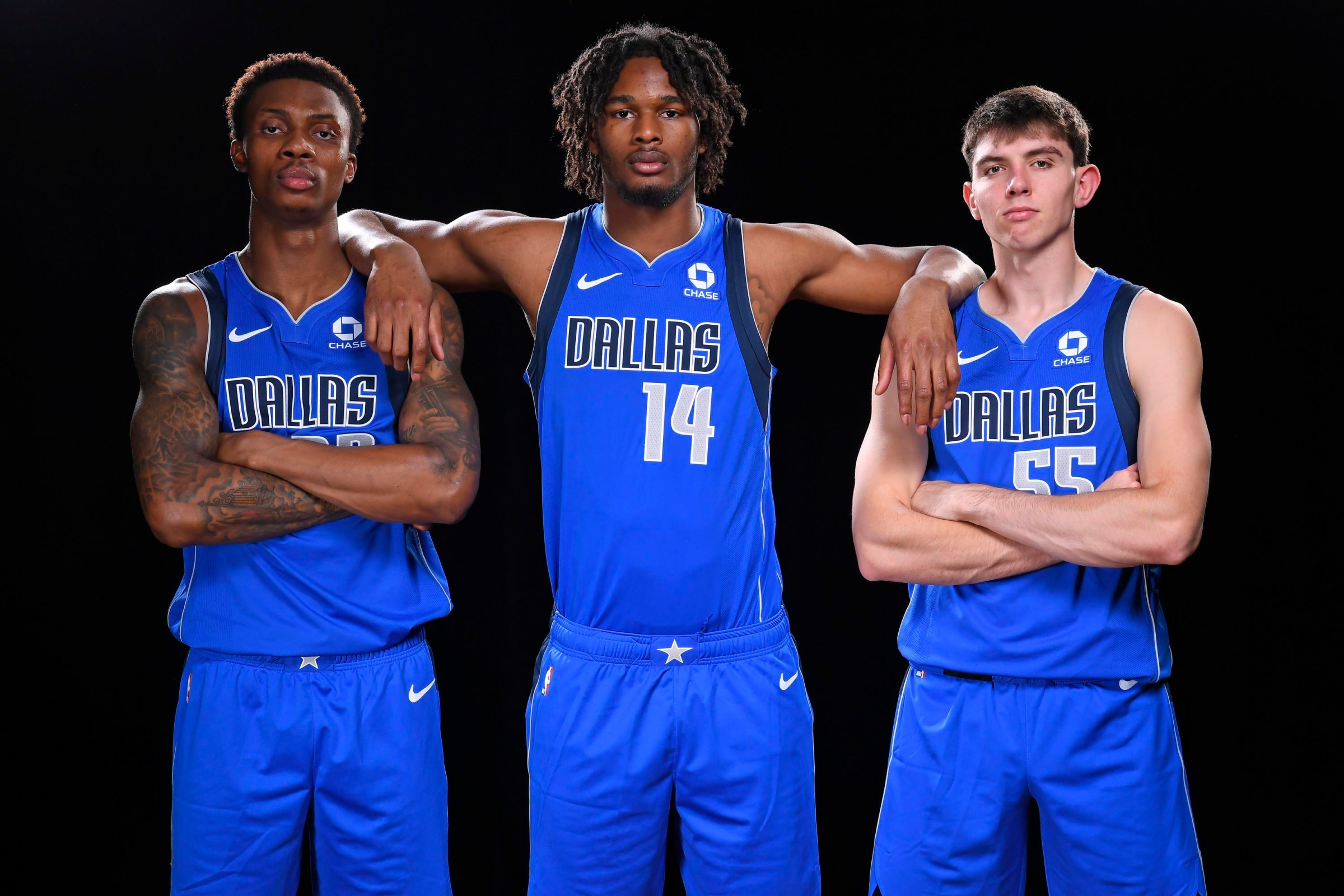 LAS VEGAS, NV - JULY 15: Tobi Lawal, Morez Johnson Jr. and Sergio De Larrea of the Dallas Mavericks poses for a portrait during the 2026 NBA Rookie Photo Shoot on July 15, 2026 at the University of Nevada, Las Vegas campus in Las Vegas, Nevada. NOTE TO USER: User expressly acknowledges and agrees that, by downloading and/or using this Photograph, user is consenting to the terms and conditions of the Getty Images License Agreement. Mandatory Copyright Notice: Copyright 2026 NBAE (Photo by Brian Babineau/NBAE via Getty Images)