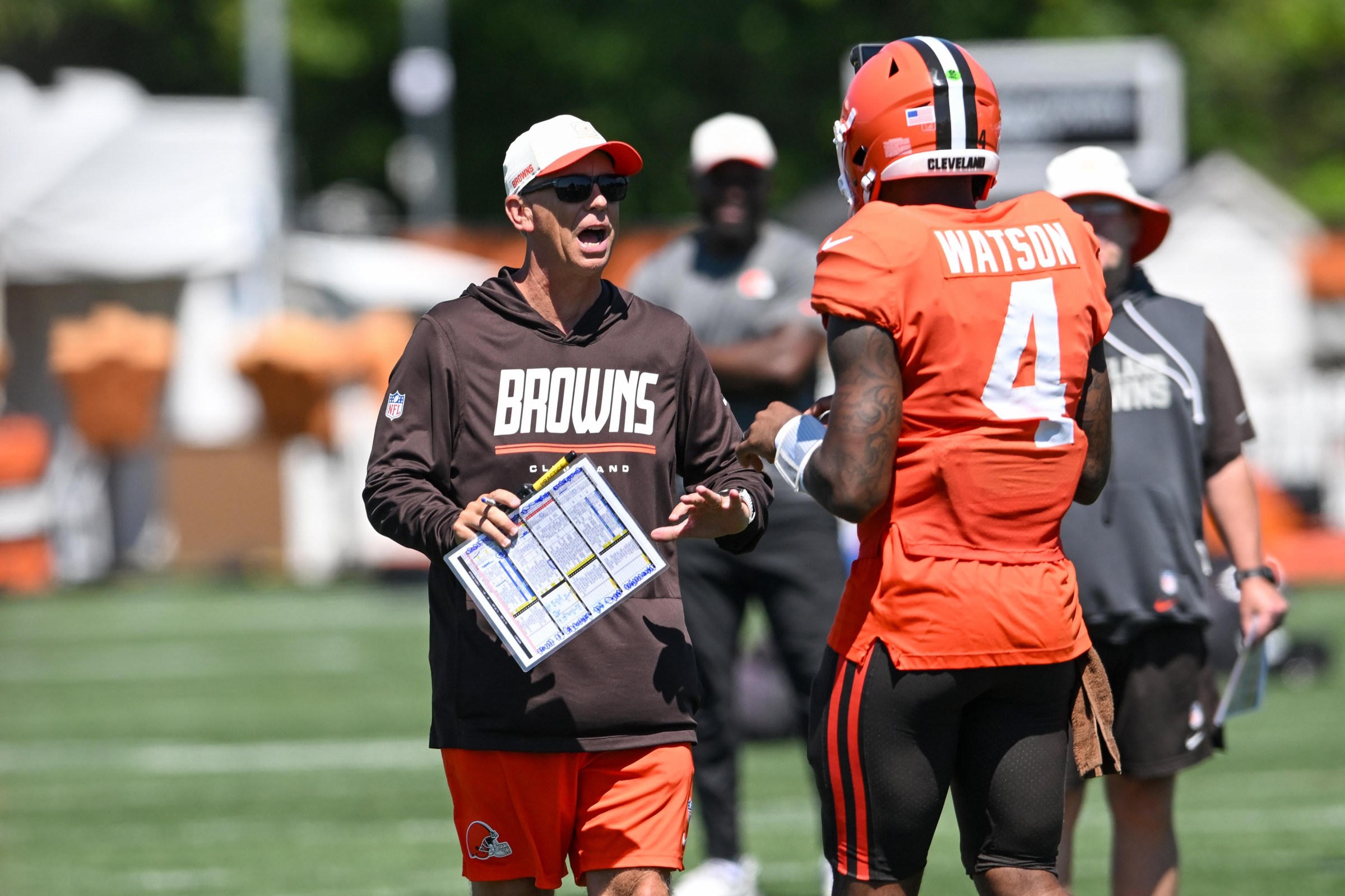 BEREA, OHIO - AUGUST 03: Head coach Todd Monken of the Cleveland Browns instructs Deshaun Watson #4 during the Cleveland Browns Training Camp at CrossCountry Mortgage Campus on August 03, 2026 in Berea, Ohio. (Photo by Nick Cammett/Getty Images)