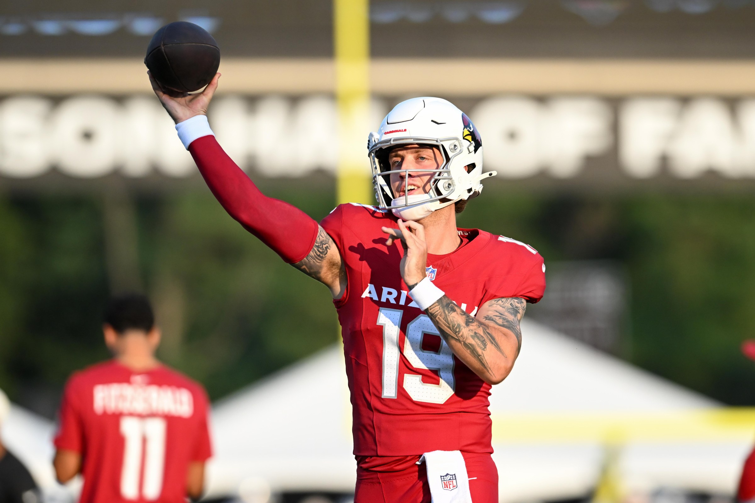 CANTON, OHIO - AUGUST 06: Carson Beck #19 of the Arizona Cardinals warms up prior to the 2026 Pro Football Hall of Fame Game against the Carolina Panthers at Tom Benson Hall Of Fame Stadium on August 06, 2026 in Canton, Ohio. (Photo by Nick Cammett/Getty Images)