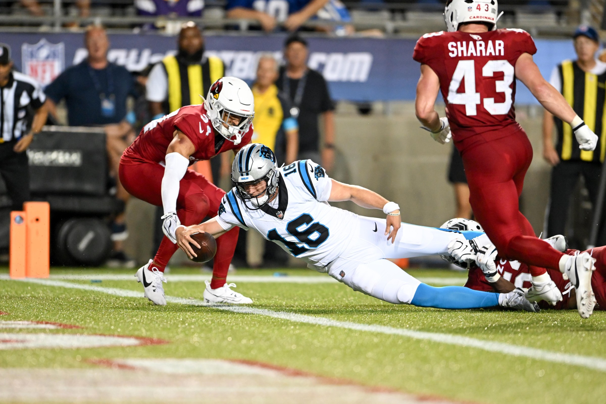 CANTON, OHIO - AUGUST 06: Haynes King #16 of the Carolina Panthers scores a five-yard touchdown to defeat the Arizona Cardinals 33-30 in the 2026 Pro Football Hall of Fame Game at Tom Benson Hall Of Fame Stadium on August 06, 2026 in Canton, Ohio. (Photo by Nick Cammett/Getty Images)