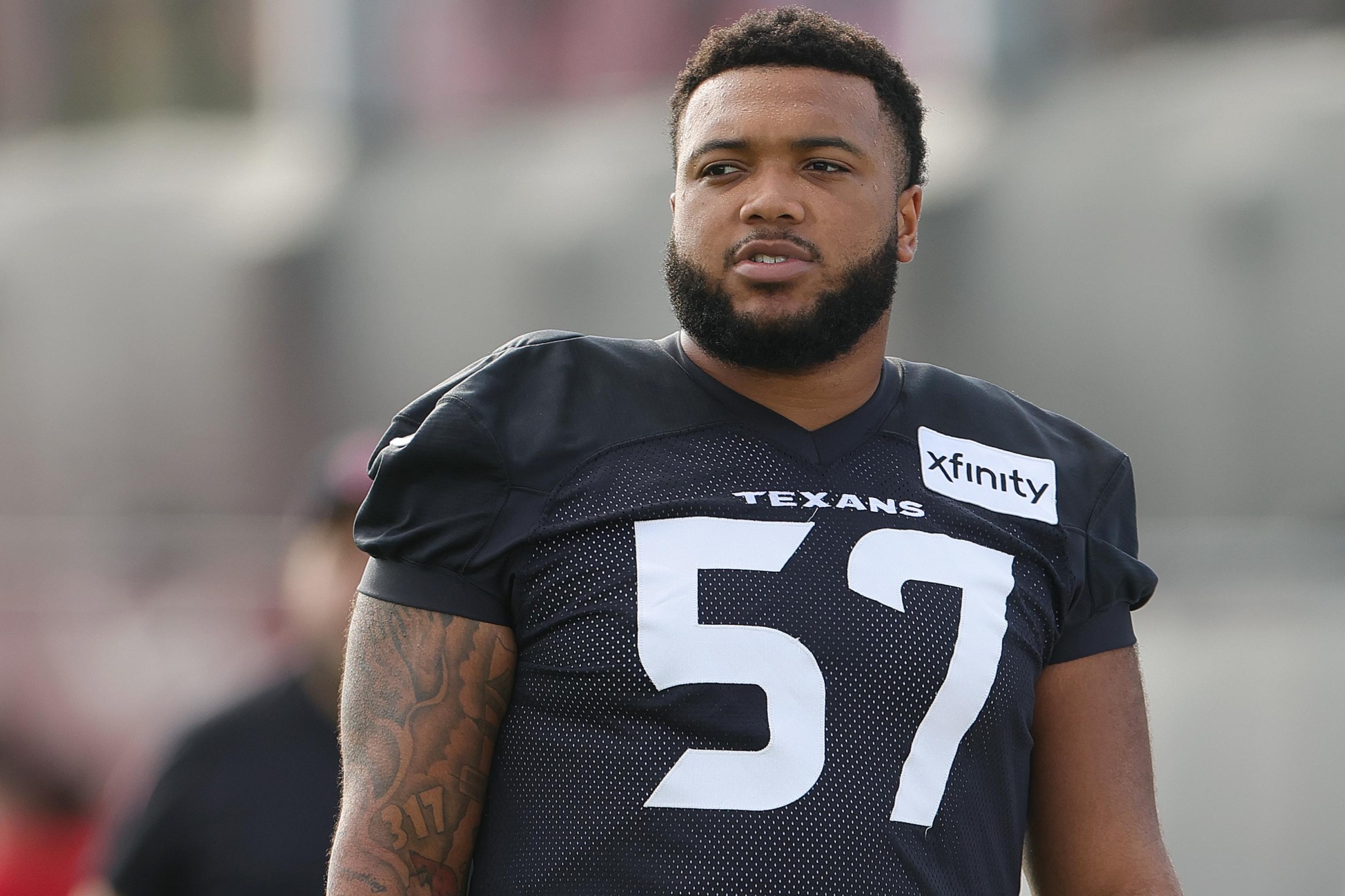 HOUSTON, TEXAS - AUGUST 01: Blake Fisher #57 of the Houston Texans walks to the practice facility during Houston Texans training camp at Houston Methodist Training Center on August 01, 2026 in Houston, Texas. (Photo by Alex Slitz/Getty Images)