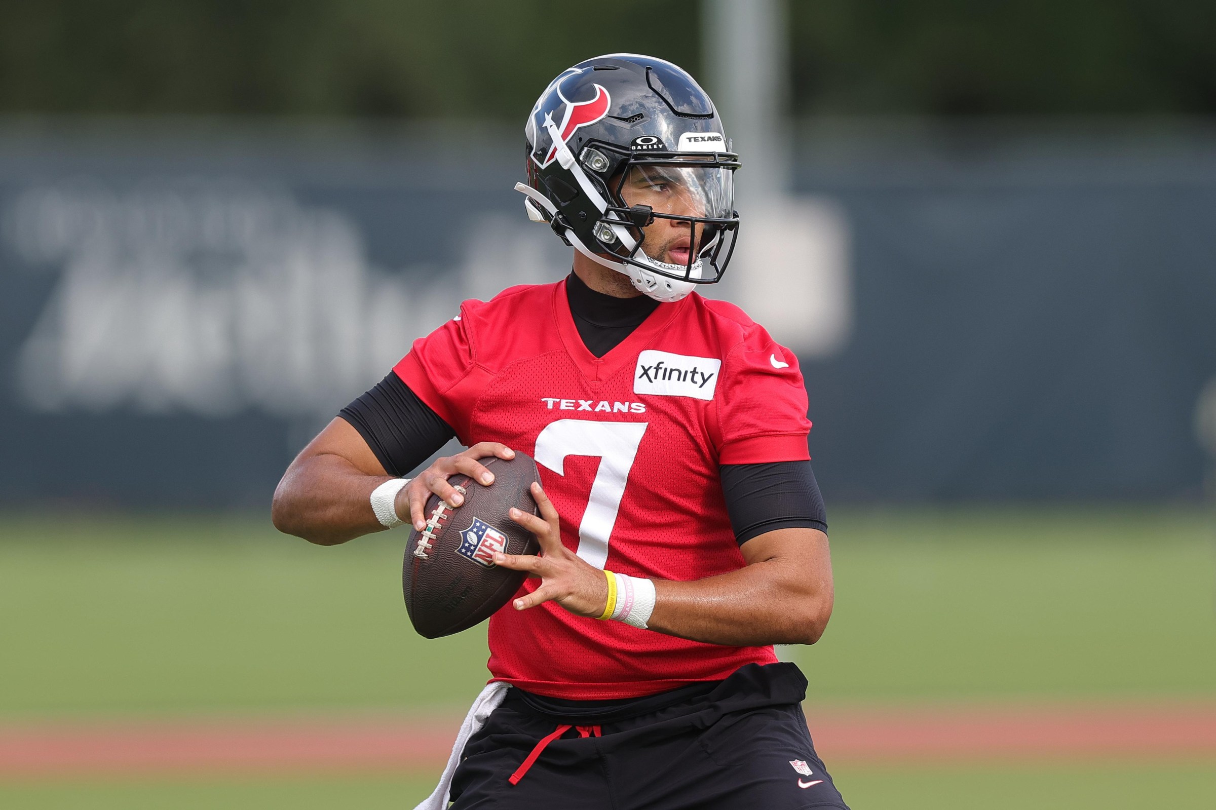HOUSTON, TEXAS - AUGUST 01: C.J. Stroud #7 of the Houston Texans passes the ball during Houston Texans training camp at Houston Methodist Training Center on August 01, 2026 in Houston, Texas. (Photo by Alex Slitz/Getty Images)