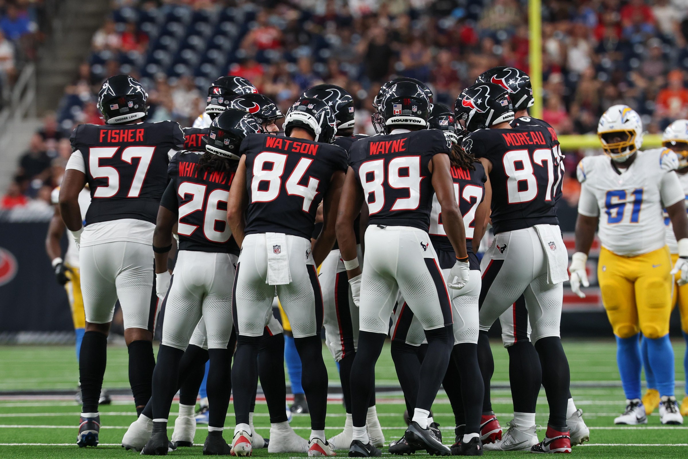 HOUSTON, TX - AUGUST 13: Houston Texans players huddle up during the NFL preseason game between Houston Texans and Los Angeles Chargers on August 13, 2026, at Reliant Stadium in Houston, TX. (Photo by David Buono/Icon Sportswire via Getty Images)