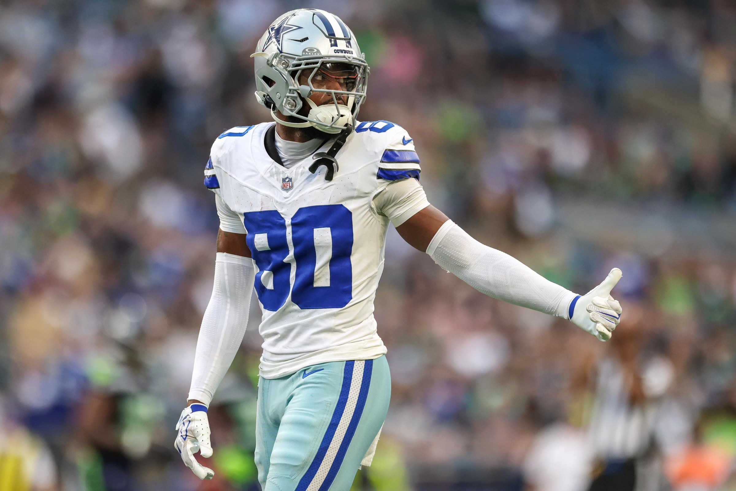 SEATTLE, WASHINGTON - AUGUST 15: Traeshon Holden #80 of the Dallas Cowboys reacts during the fourth quarter during the NFL preseason game against the Seattle Seahawks at Lumen Field on August 15, 2026 in Seattle, Washington. (Photo by Jack Compton/Getty Images)