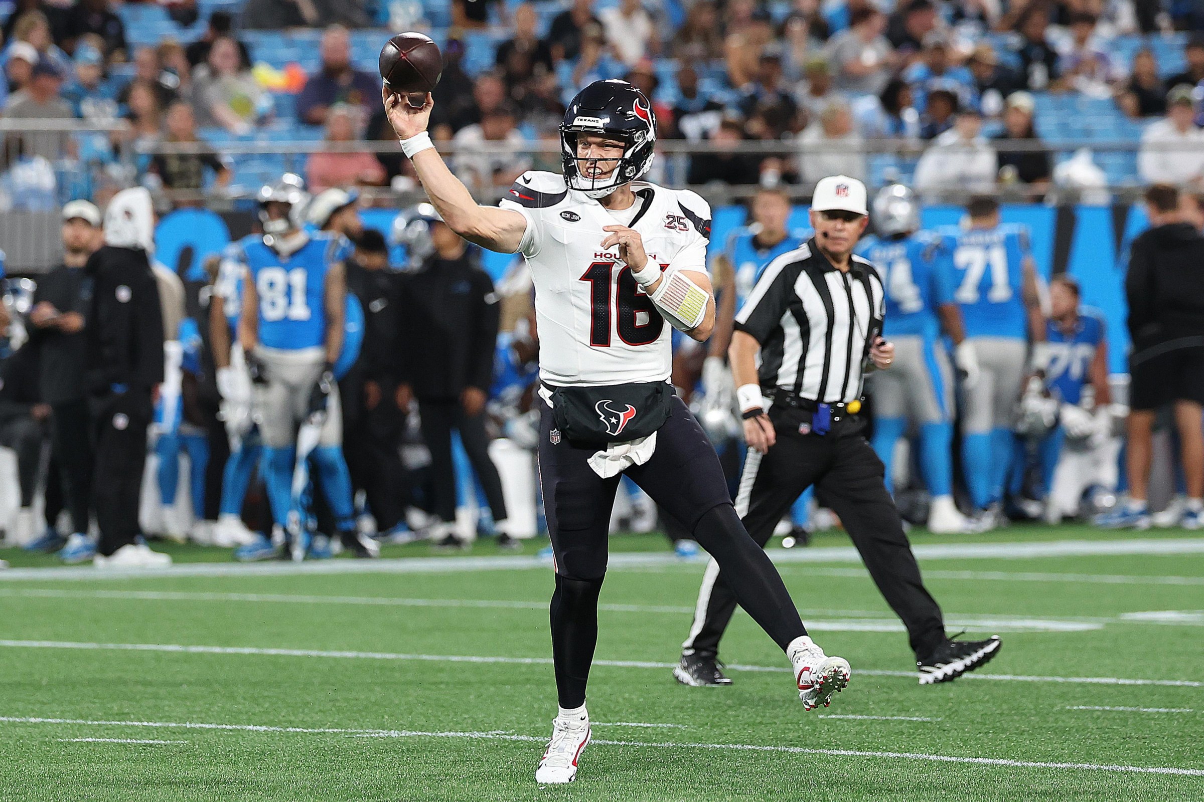 CHARLOTTE, NC - AUGUST 28: Houston Texans quarterback Brett Rypien (16) throws a pass during a preseason NFL football game between the Houston Texans and the Carolina Panthers on August 28, 2026, at Bank of America Stadium in Charlotte, N.C.(Photo by John Byrum/Icon Sportswire via Getty Images)