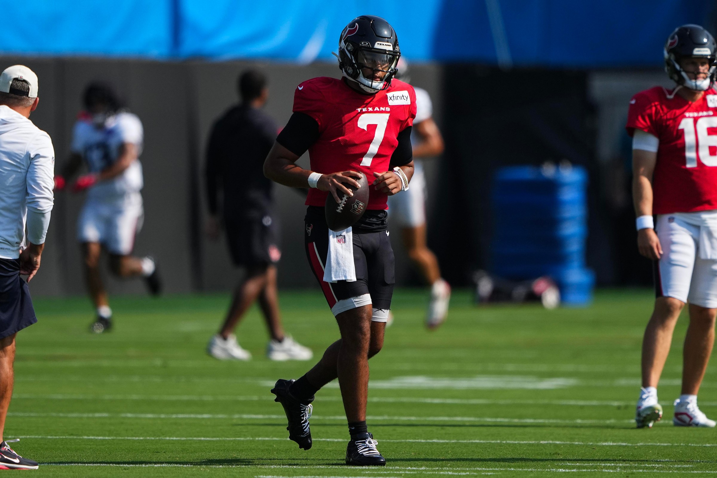 CHARLOTTE, NORTH CAROLINA - AUGUST 26: Quarterback C.J. Stroud #7 of the Houston Texans takes part in drills during a joint practice with the Carolina Panthers at Carolina Panthers Practice Fields on August 26, 2026 in Charlotte, North Carolina. (Photo by Matt Kelley/Getty Images)