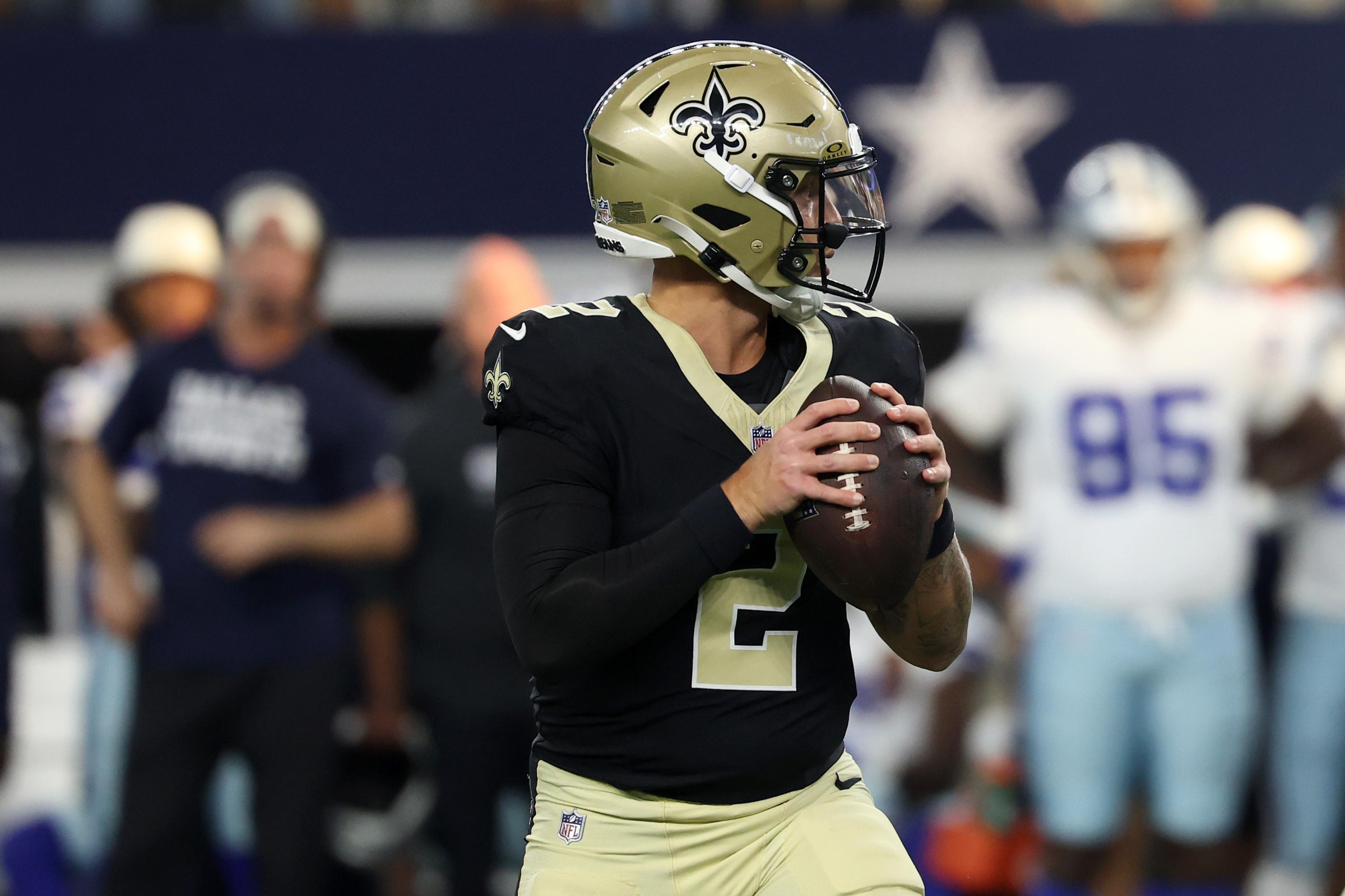 ARLINGTON, TEXAS - AUGUST 28: Spencer Rattler #2 of the New Orleans Saints drops back to pass during the first quarter of an NFL Preseason 2026 game against the Dallas Cowboys at AT&T Stadium on August 28, 2026 in Arlington, Texas. (Photo by Stacy Revere/Getty Images)