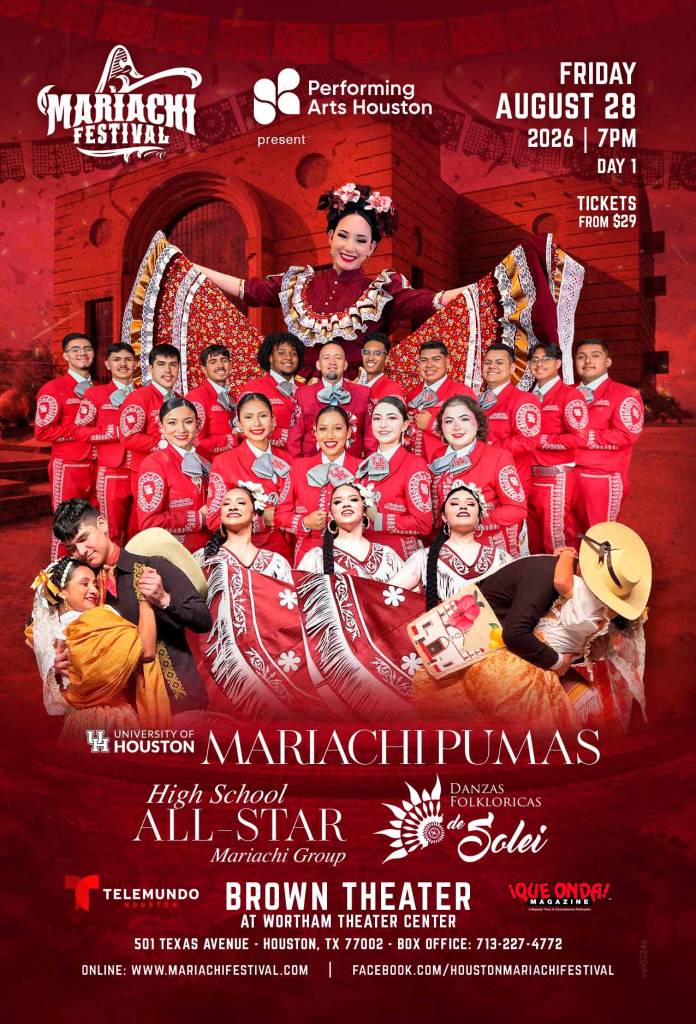 Graphic shows information regarding Day 1 of the 2026 Houston Mariachi Festival. 