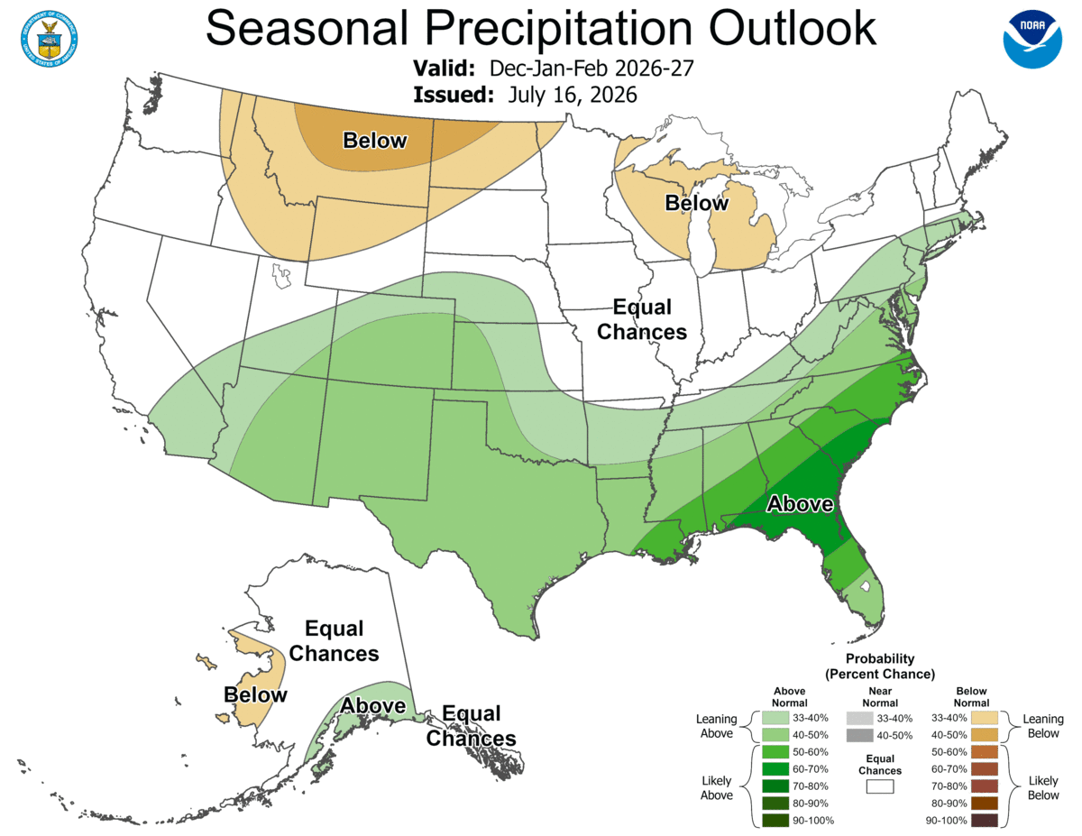 The seasonal precipitation outlook for the U.S. for December 2026 through February 2027.