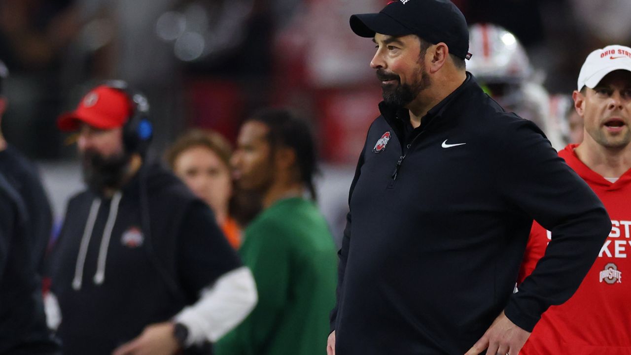 Ohio State head coach Ryan Day looks on during the first half of the Cotton Bowl College Football Playoff quarterfinal game against Miami Wednesday, Dec. 31, 2025, in Arlington, Texas. (AP Photo/Gareth Patterson)
