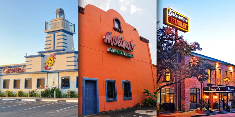 The exteriors of Christie's Seafood & Steaks, Molina's Cantina, and Brennan's of Houston.