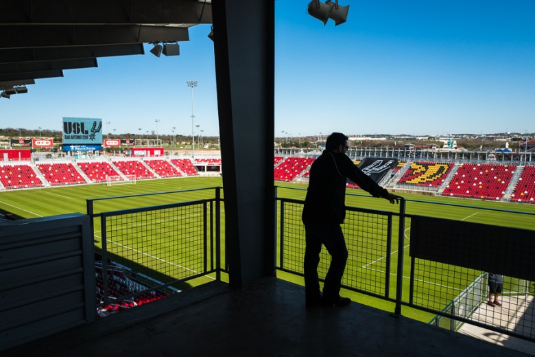 A member of the press conference overlooks Toyota Field. Photo by Scott Ball.