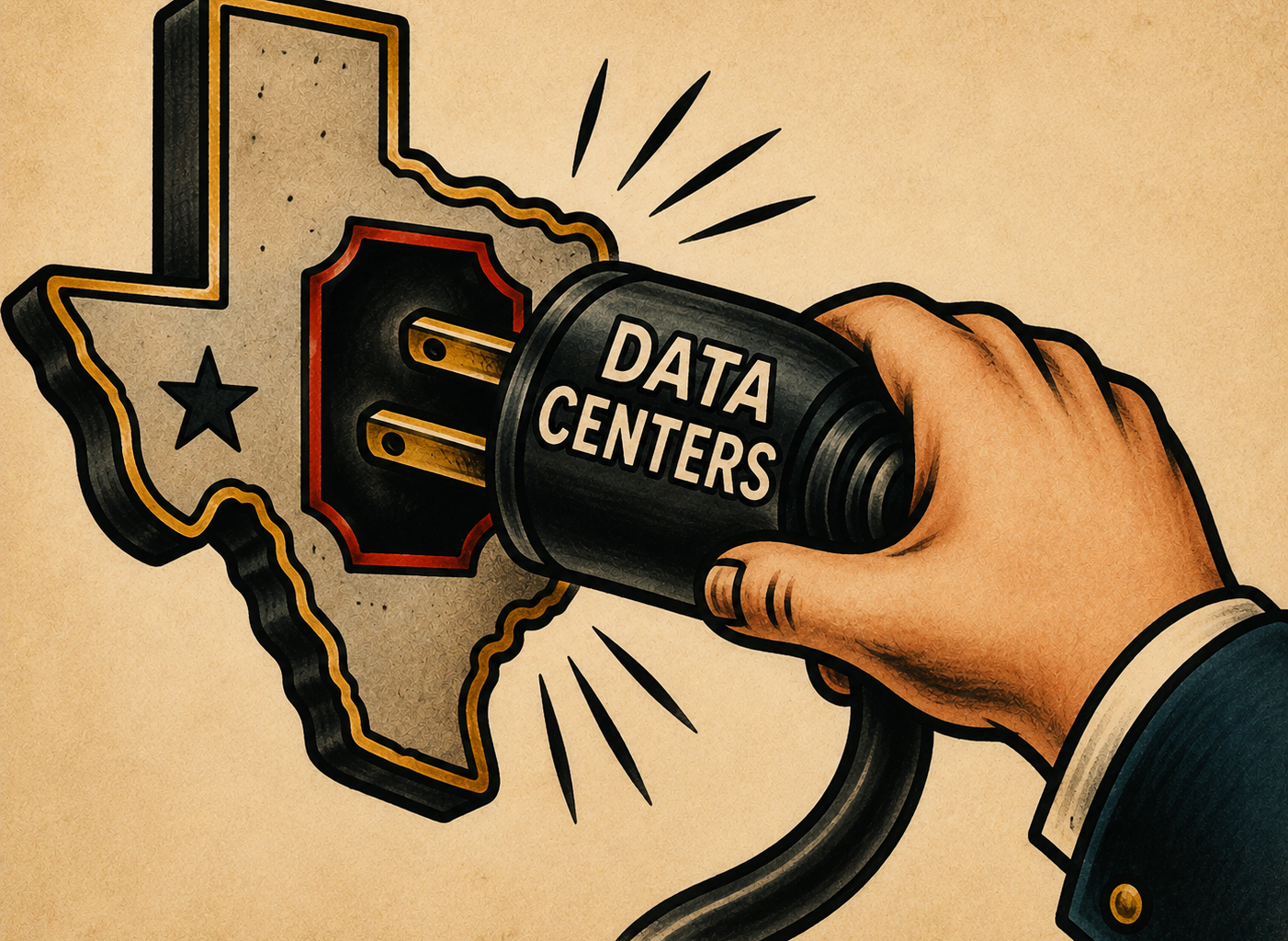 Illustration of a data center plug being pulled from a Texas-shaped socket.