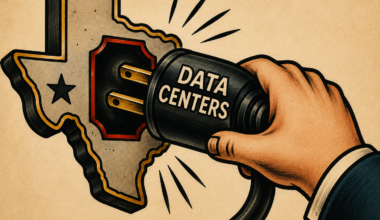 Illustration of a data center plug being pulled from a Texas-shaped socket.