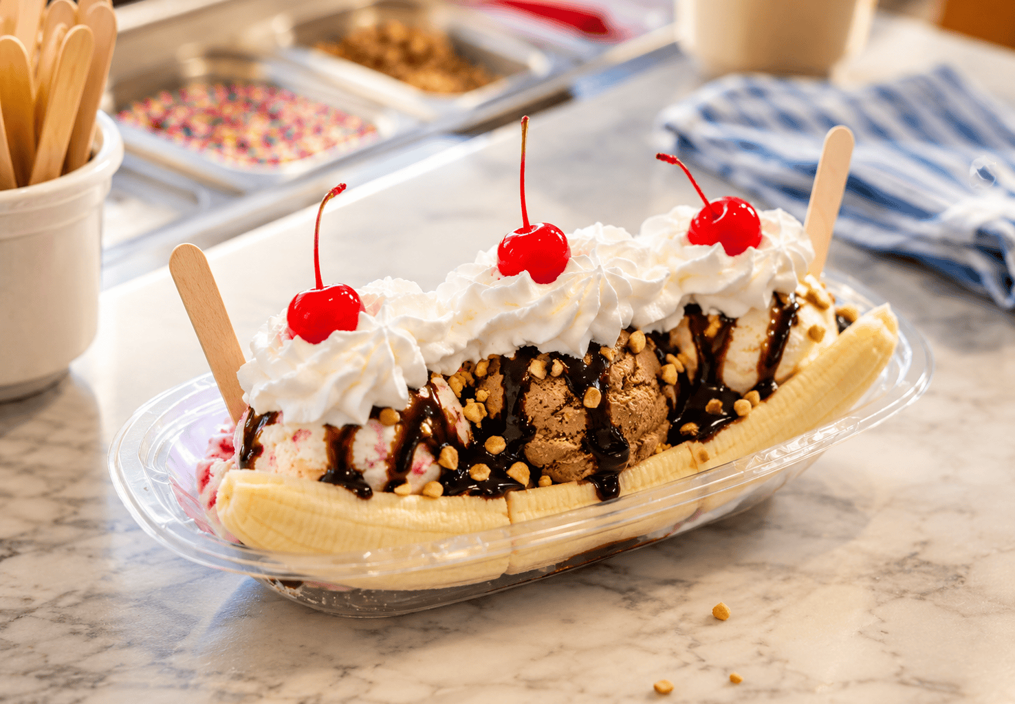 Delicious banana split with whipped cream, cherries, and chocolate drizzle.