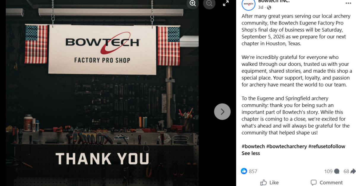 Bowtech closing Eugene factory, relocating to Houston