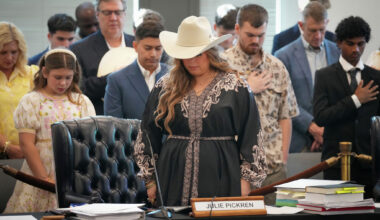 State Board of Education member Julie Pickren prays during the invocation before a meeting on social studies standards at the Barbara Jordan Building in Austin on Friday, June 26, 2026. The board is considering revisions that would place greater emphasis on Christian history and biblical content in public school classrooms.