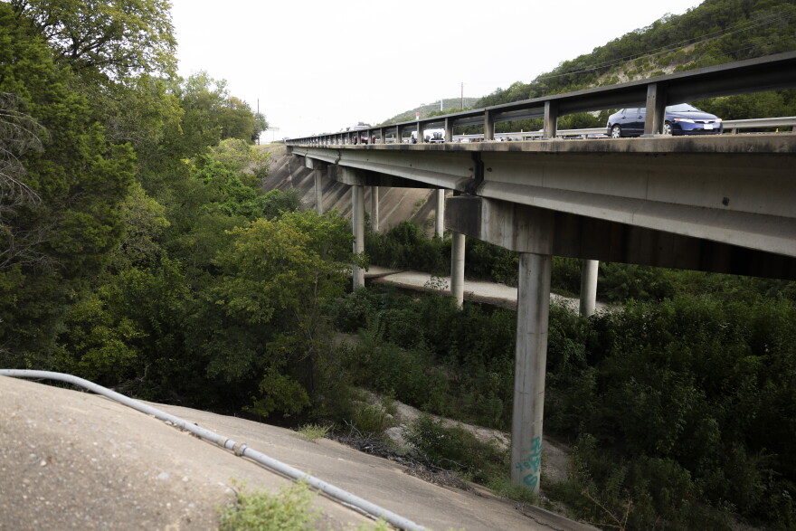 A concrete overpass crosses over area filled with greenery, with vehicles traveling on the elevated roadway above.