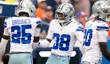 Oct 26, 2025; Denver, Colorado, USA; Dallas Cowboys safety Alijah Clark (38) and cornerback Trikweze Bridges (25) react in the first quarter against the Denver Broncos at Empower Field at Mile High.
