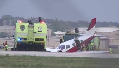 Private plane veers off runway at San Antonio International Airport after nose gear collapse; no injuries reported