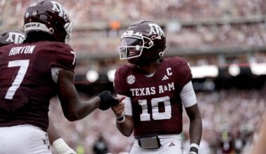 Texas A&M quarterback Marcel Reed (10) reacts with teammate Isaiah Horton (7) after a touchdown against Missouri State during the first quarter of an NCAA college football game Saturday, Sept. 5, 2026, in College Station, Texas. (AP Photo/Sam Craft)