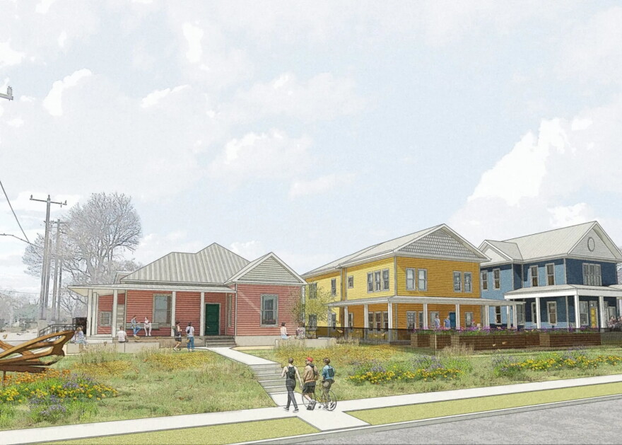 A rendering of Thrive Vecindad, which will transform long-vacant properties at 1600 and 1610 Buena Vista St. into a transitional supportive housing community designed to serve LGBTQ+ young adults.