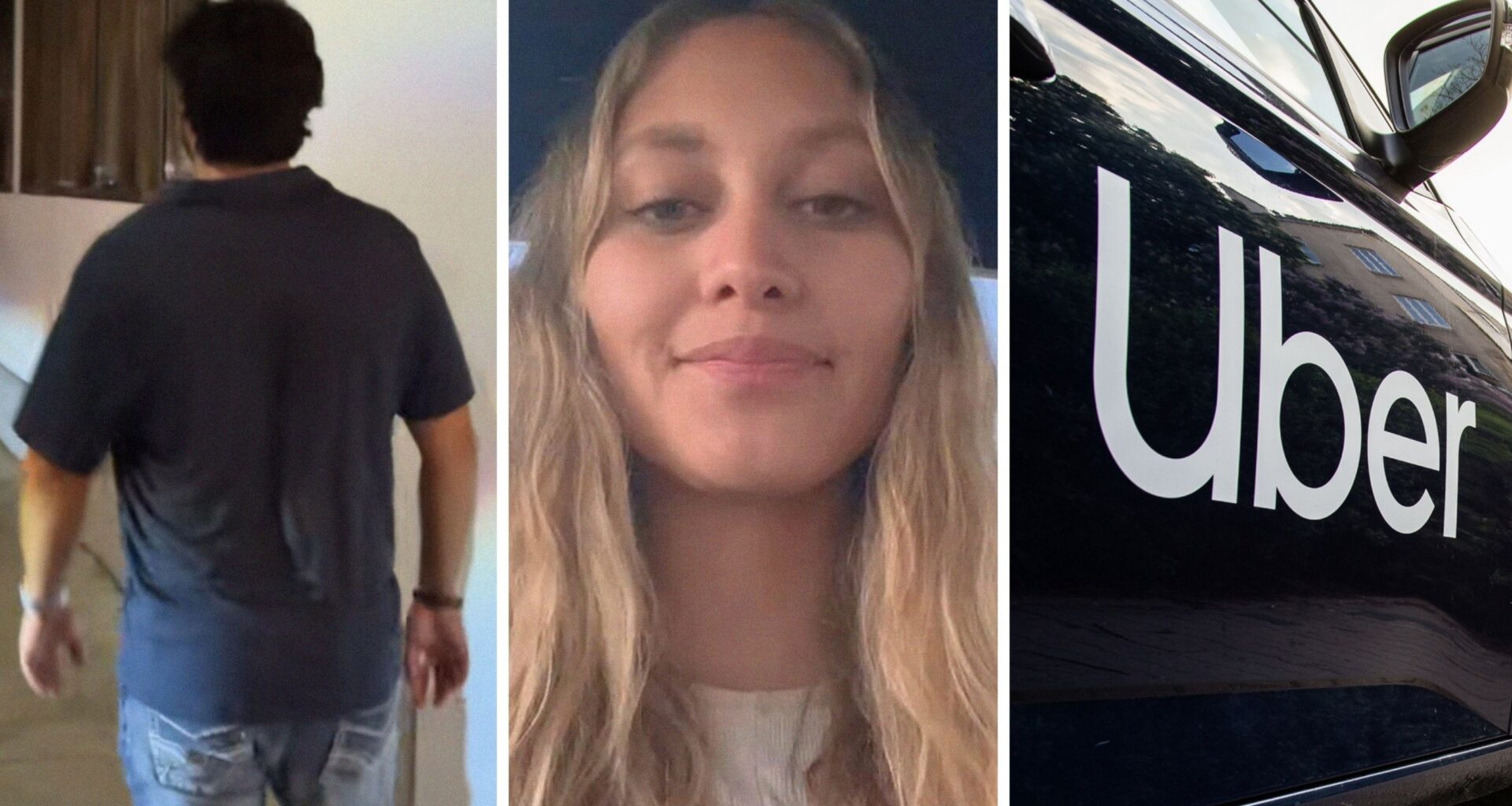 man walking away (l) woman shares night out experience (c) Uber car (r)
