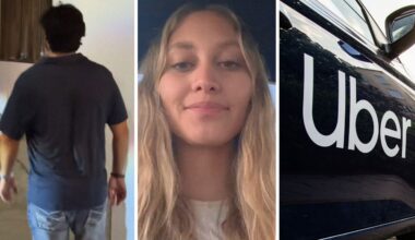 man walking away (l) woman shares night out experience (c) Uber car (r)