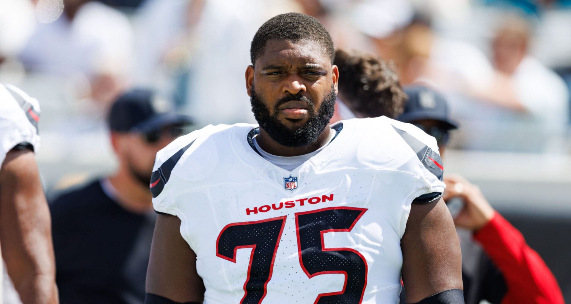 Sep 21, 2025; Jacksonville, Florida, USA; Houston Texans guard Laken Tomlinson (75) before the game against the Jacksonville Jaguars at EverBank Stadium.