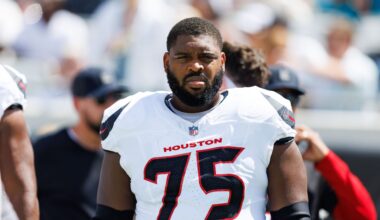 Sep 21, 2025; Jacksonville, Florida, USA; Houston Texans guard Laken Tomlinson (75) before the game against the Jacksonville Jaguars at EverBank Stadium.