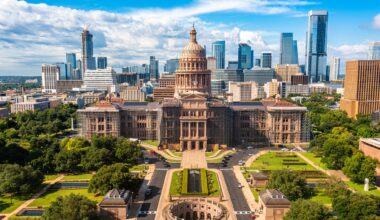 Texas state capitol and skyline in Austin, Texas