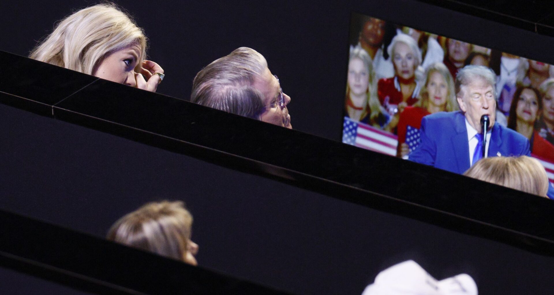 Erika Kirk, CEO of Turning Point USA (top left), wipes away tears as President Donald Trump speaks about her late husband Charlie Kirk during the Republican convention at American Airlines Center on Wednesday, Sept. 9, 2026, in Dallas.