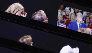 Erika Kirk, CEO of Turning Point USA (top left), wipes away tears as President Donald Trump speaks about her late husband Charlie Kirk during the Republican convention at American Airlines Center on Wednesday, Sept. 9, 2026, in Dallas.
