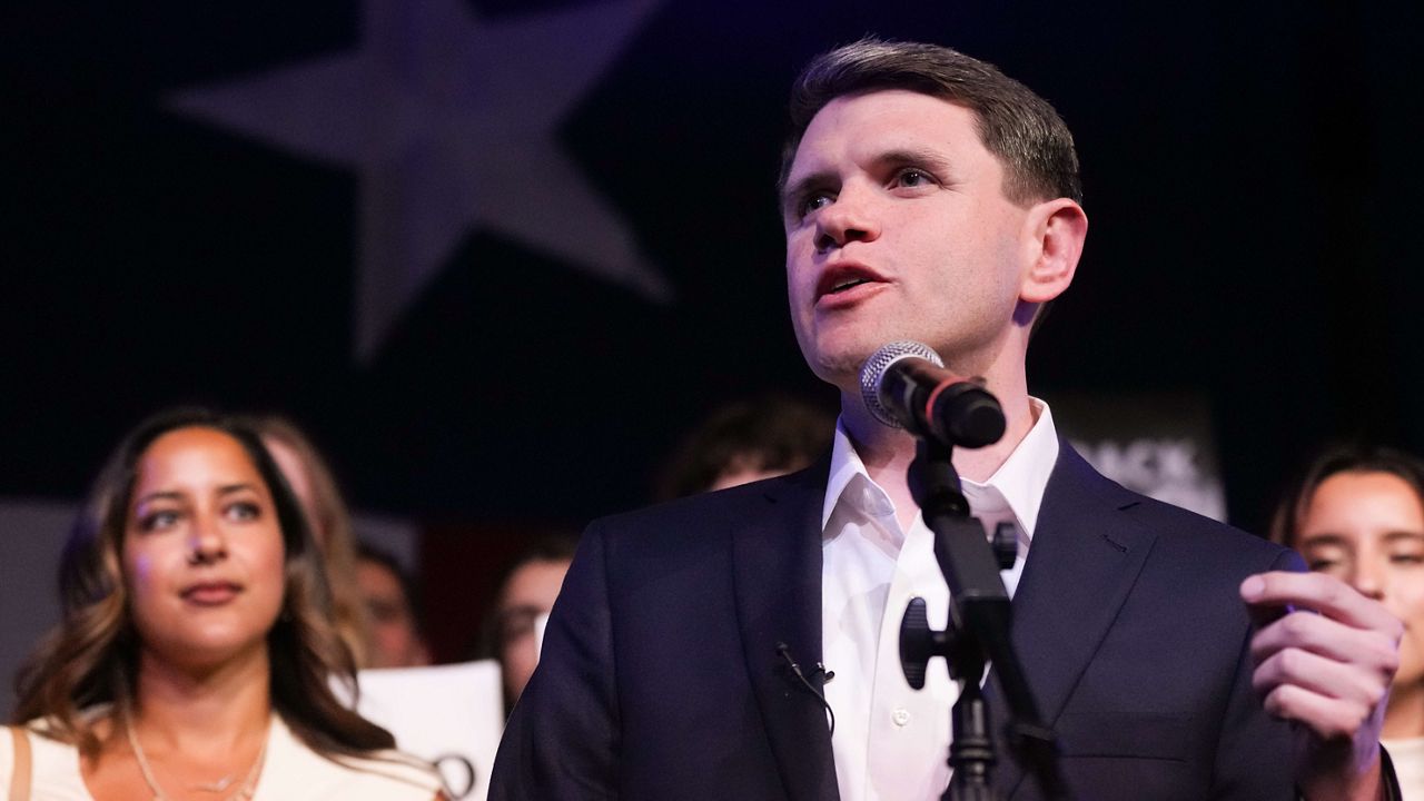 Texas state Rep. James Talarico, D-Austin, a Democratic candidate for the U.S. Senate, speaks at a primary election watch party Tuesday, March 3, 2026, in Austin, Texas. (AP Photo/Eric Gay)