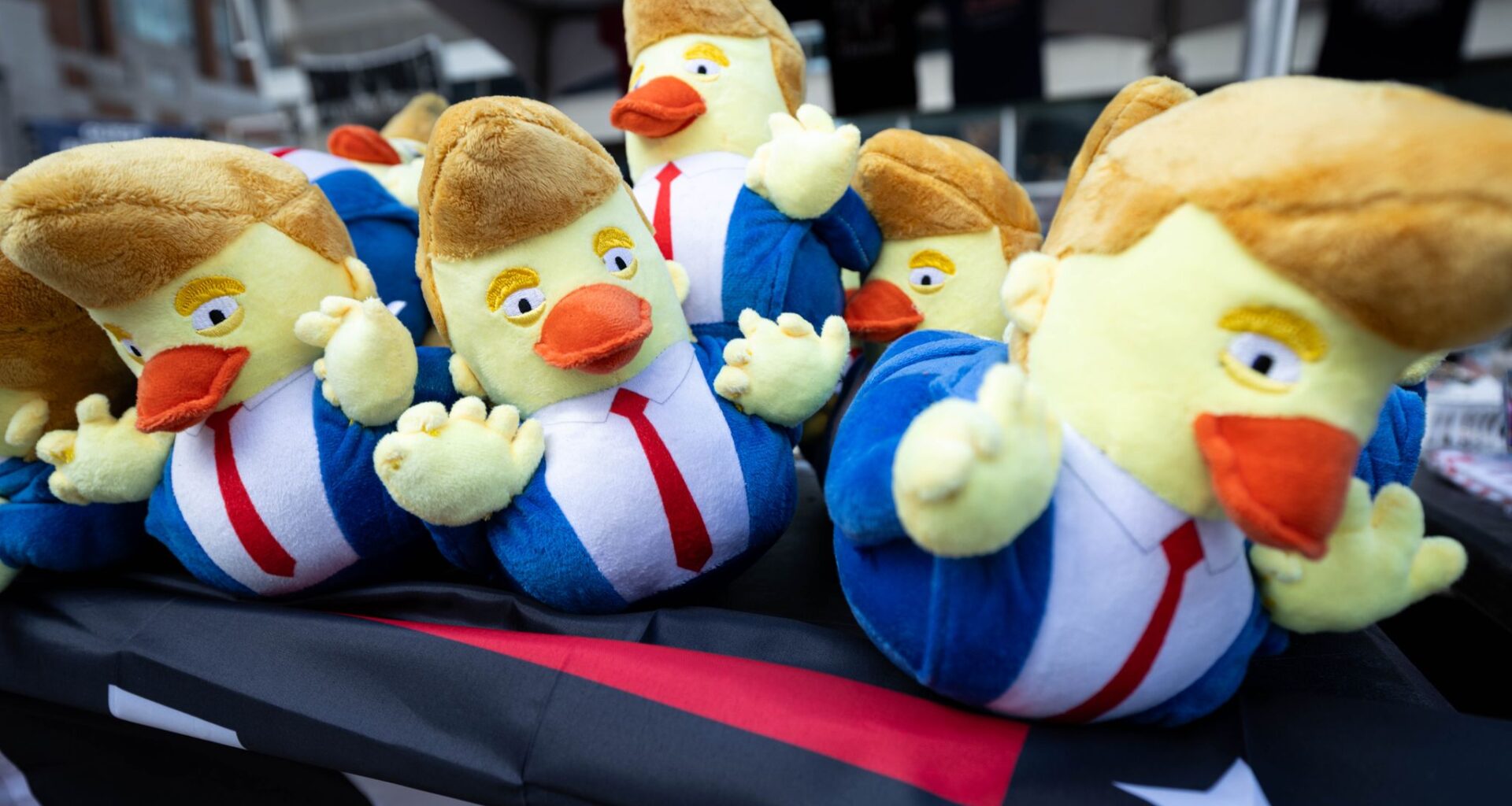 Stuffed rubber ducks resembling President Donald Trump are for sale during the Republican convention at the American Airlines Center in Dallas, Wednesday, Sept. 9, 2026.