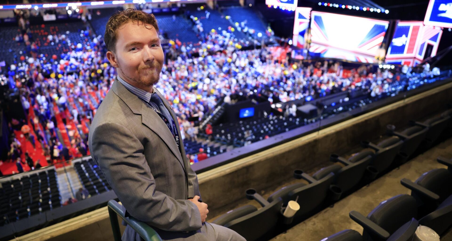 Collin County Young Republicans member Aidan Shull attended the Republican midterm convention at the American Airlines Center in Dallas, September 10, 2026.