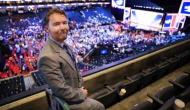 Collin County Young Republicans member Aidan Shull attended the Republican midterm convention at the American Airlines Center in Dallas, September 10, 2026.