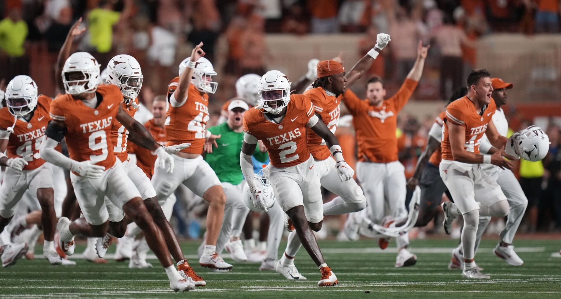 Southlake Carroll quarterback Hudson Tomcheck (3) skips through the end zone after scoring a third quarter touchdown against Jenks (OKLA) in their season opener at the Cotton Bowl in Dallas, August 27, 2026. Carroll came back to win the Stateline Showdown, 34-33.
