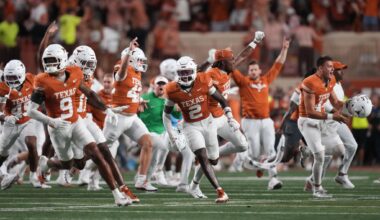 Southlake Carroll quarterback Hudson Tomcheck (3) skips through the end zone after scoring a third quarter touchdown against Jenks (OKLA) in their season opener at the Cotton Bowl in Dallas, August 27, 2026. Carroll came back to win the Stateline Showdown, 34-33.