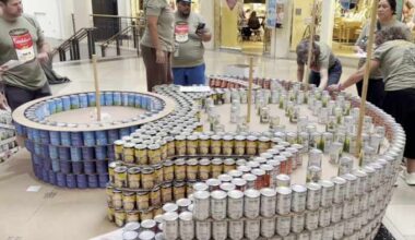 San Antonio teams build giant sculptures out of roughly 30K cans to fight hunger at North Star Mall