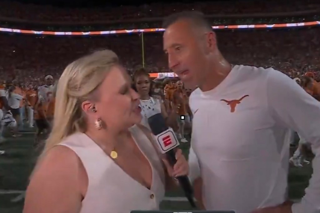 Longhorns head coach Steve Sarkisian abruptly ended his interview with ESPN sideline reporter Holly Rowe after Texas' 24-23 come-from-behind win over Ohio State on Sept. 12, 2026 in Austin, Texas.