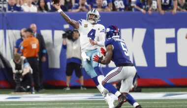 Dallas Cowboys offensive tackle Terence Steele (78) and his offensive teammates watch as the New York Giants control the ball in the final minutes of the game at MetLife Stadium in East Rutherford, New Jersey, September 13, 2026.