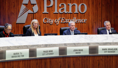 Plano Mayor John Muns and council members vote during a Plano City Council meeting, Monday, Feb. 23, 2026, in Plano.