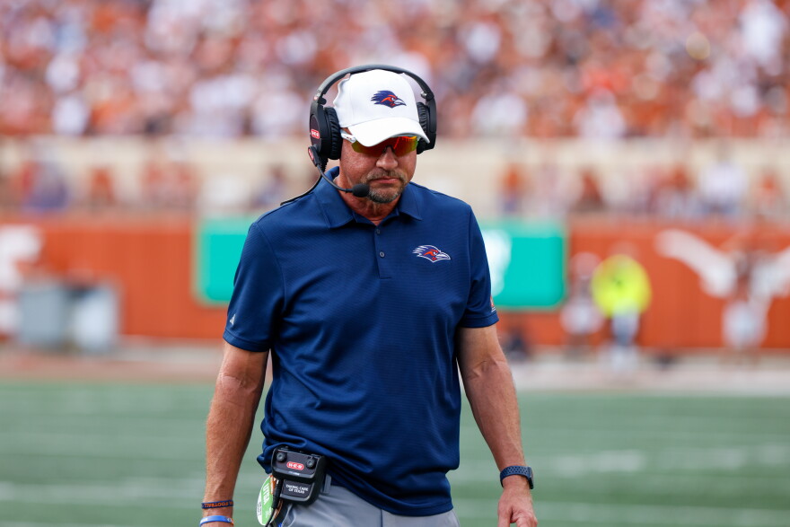 Jeff Traylor coached UTSA as they played UT at the University of Texas in Austin, Texas on September 14, 2024.