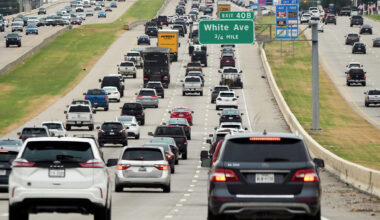 Traffic backs up in the northbound lanes of U.S. 75 on Friday, Aug. 29, 2025, in McKinney.
